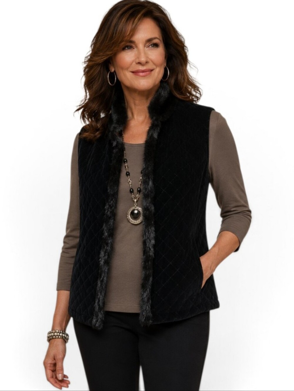 Chico’s Black Quilted Velvet Rabbit Fur Trim Vest Size Size 8/10 (Chico's 1)